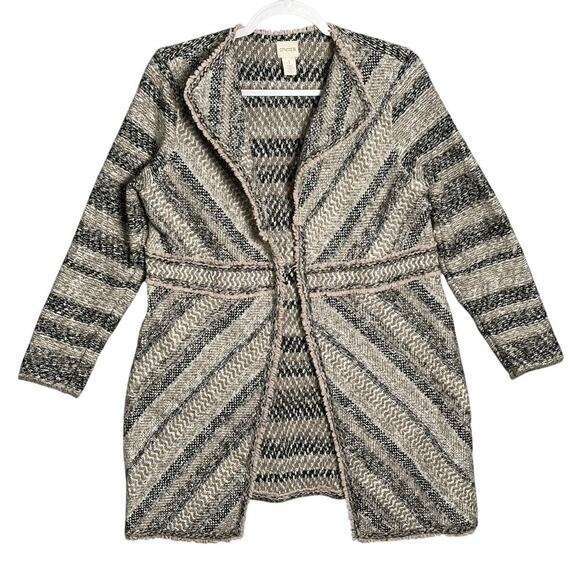 Chicos Sz 1 Textured Elyse Cardigan Open Front Tweed Long Jacket Neutral Classic - Picture 1 of 10